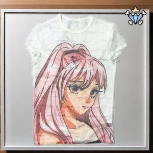 SHEIN MEN SLIM FIT WHITE AND PINK MESH GRAPHIC ANIME GIRL TEE SIZE LARGE